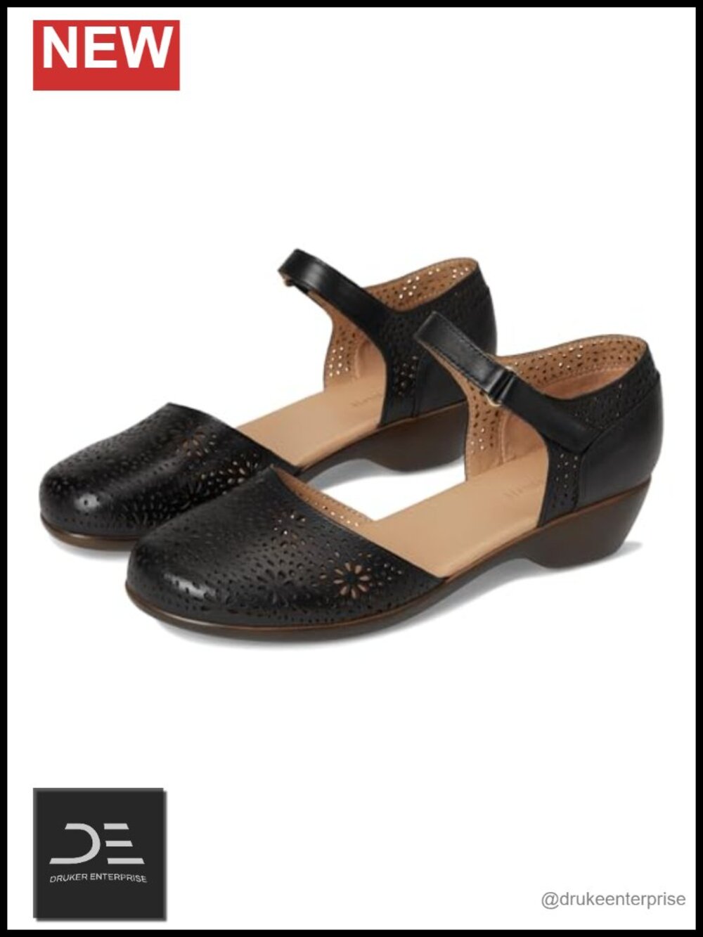 Perforated Leather Mary Jane Wedge Pump with Hook-and-Loop Strap